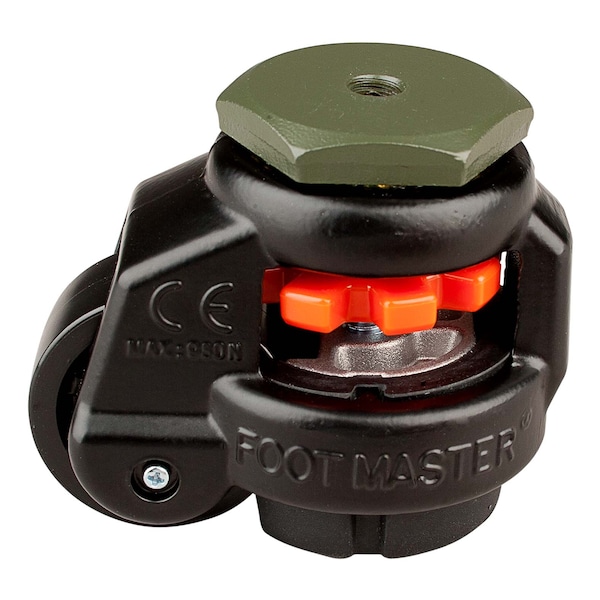 Leveling Caster, 42 mm Nylon Wheel, 3/8-16 Stem, Swivel, 60 kg Cap, NBR Foot Pad, Black